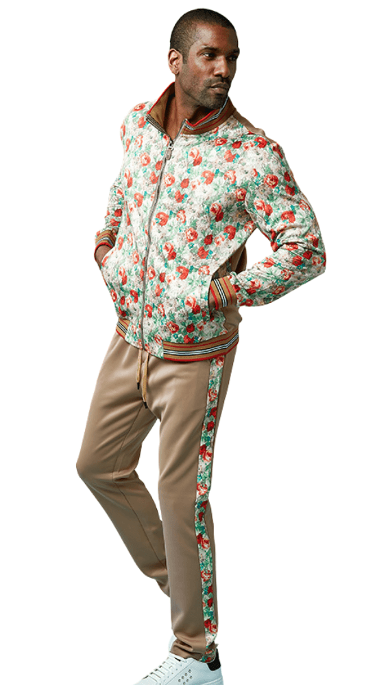 Khaki 2 Piece Floral Print Full Zip Tack Set 1553 - Suits & More
