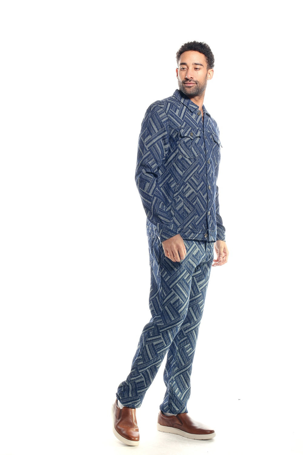 FULL PATTERNED DENIM JACKET PANT OUTFIT