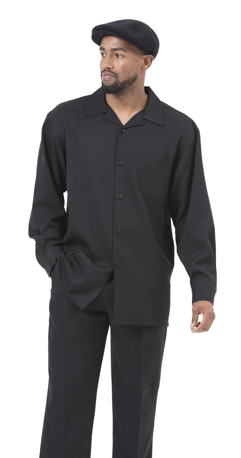 Montique Black Solid 2 Piece Walking Suit Long Sleeve Shirt Men's Leisure Suit 1641 - Suits & More