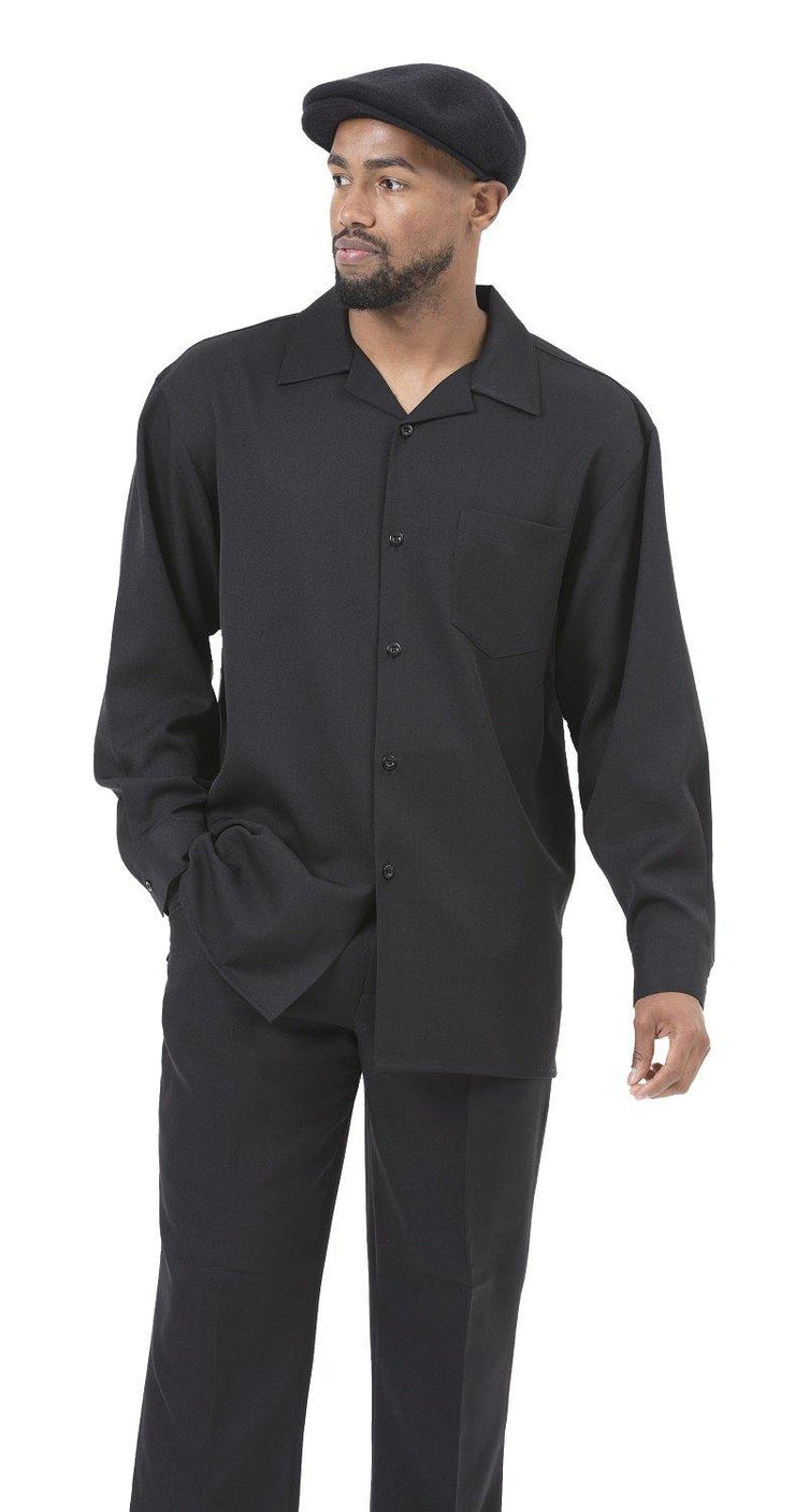 Montique Black Solid 2 Piece Walking Suit Long Sleeve Shirt Men's Leis ...