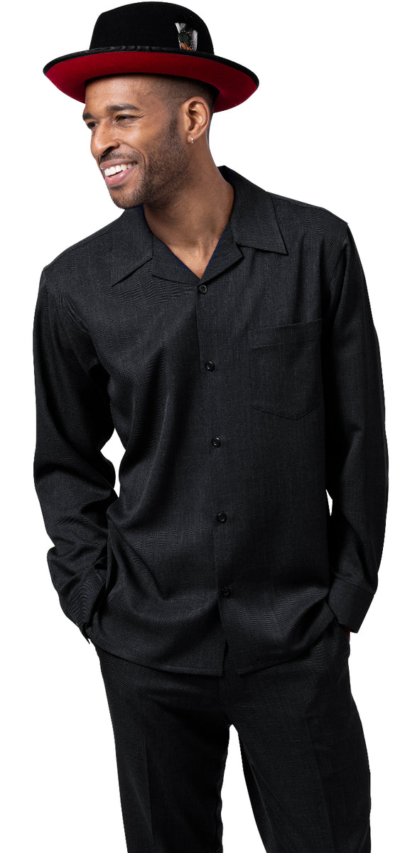 Montique Black Solid 2 Piece Walking Suit Long Sleeve Shirt Men's Leis ...
