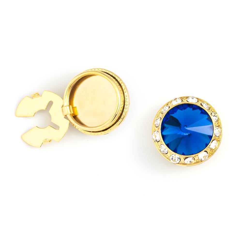 Men's Gold/Sapphire Button Cover Cuff-Link With Crystal Stud Centered Surrounded By Crystal Studs - Suits & More