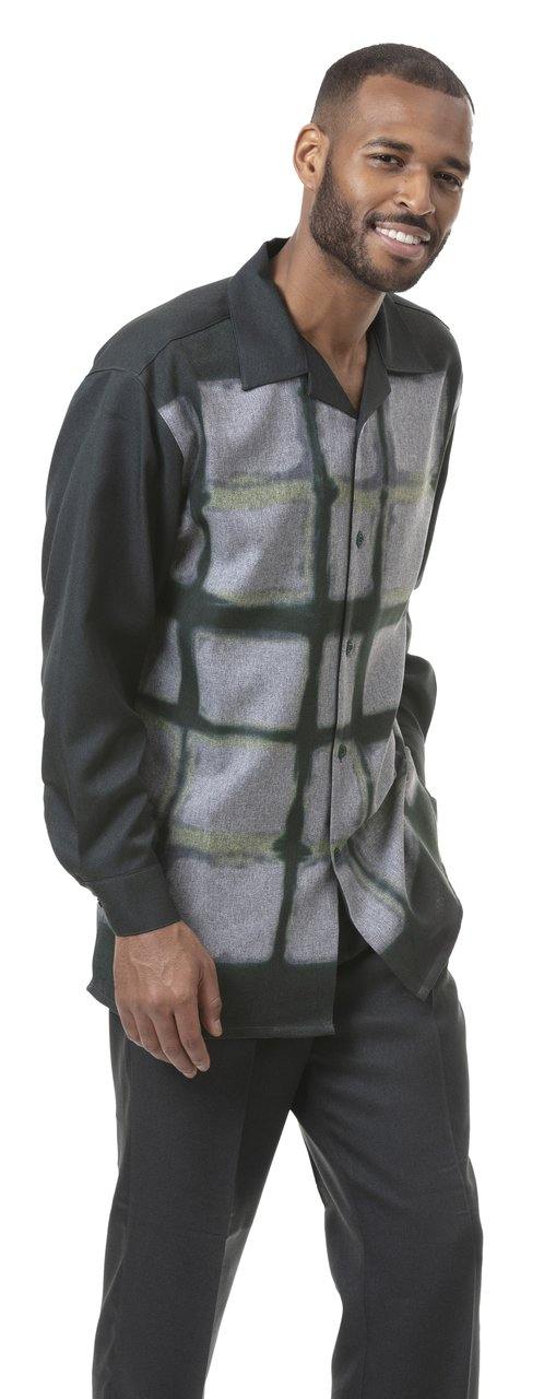 Montique Green 2 Piece Walking Suit Print Long Sleeve Shirt Men's Leisure Suit 1810 - Suits & More