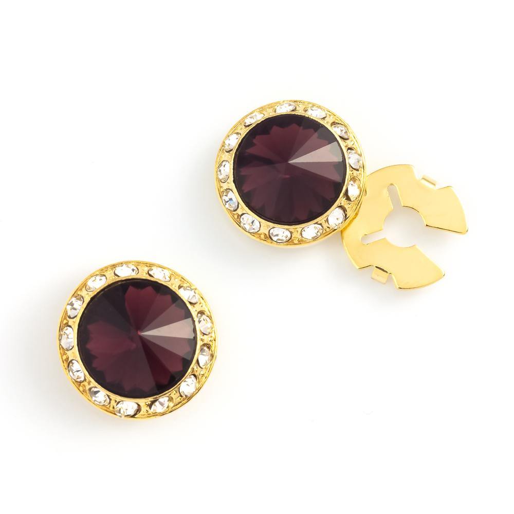 Men's Gold/Garnet-20 Button Cover Cuff-Link With Crystal Stud Centered Surrounded By Crystal Studs - Suits & More