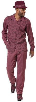 Montique Men's 2 Piece Long Sleeve Walking Suit Tetris Tone on Tone in Burgundy- 2002 - Suits & More