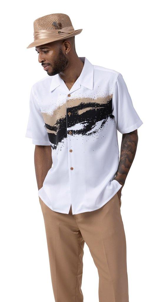 Men's 2 Piece Short Sleeve Walking Suit Spray Print Detail in Tan - 2004 - Suits & More