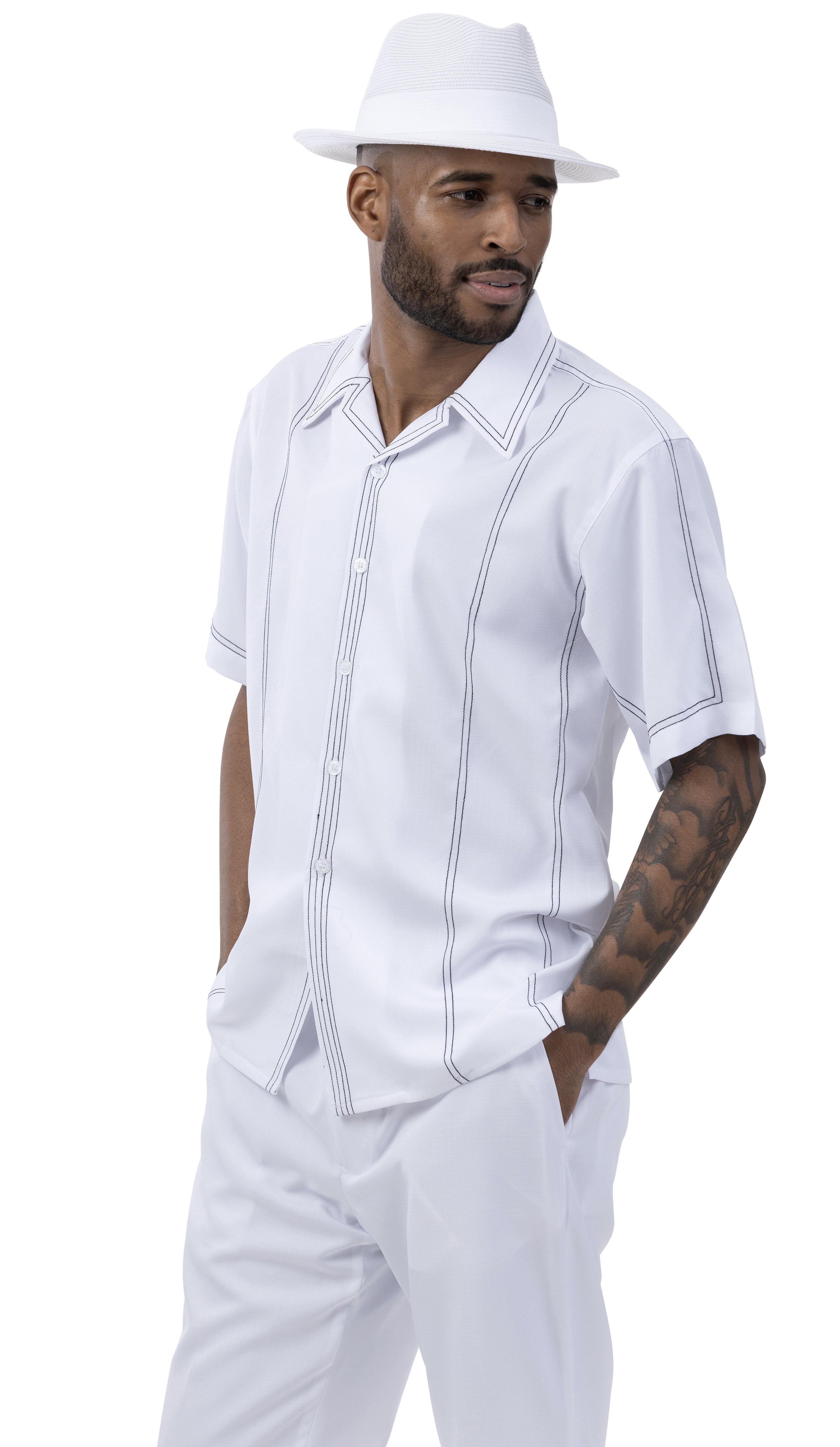 Men's 2 Piece Short Sleeve Walking Suit Stitch Design in White - 2021 - Suits & More