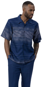 man wearing navy striped detail 2-piece short sleeve walking suit by Montique