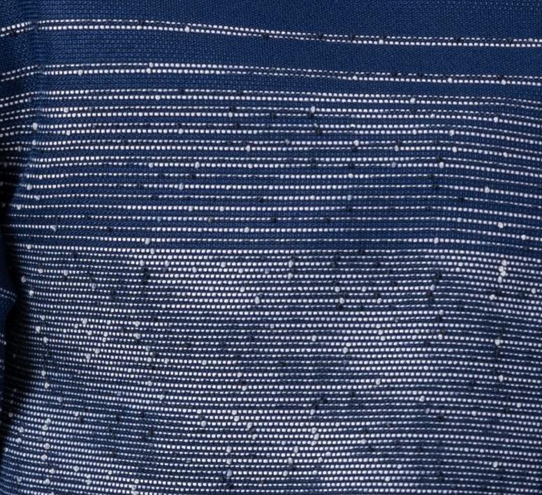 close-up of navy walking suit shirt with tonal horizontal striped detailing by Montique