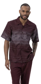 man wearing wine striped detail 2-piece short sleeve walking suit by Montique