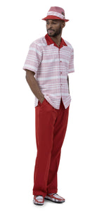Men's 2 Piece Short Sleeve Walking Suit Striped Pattern in Red - 2037 - Suits & More