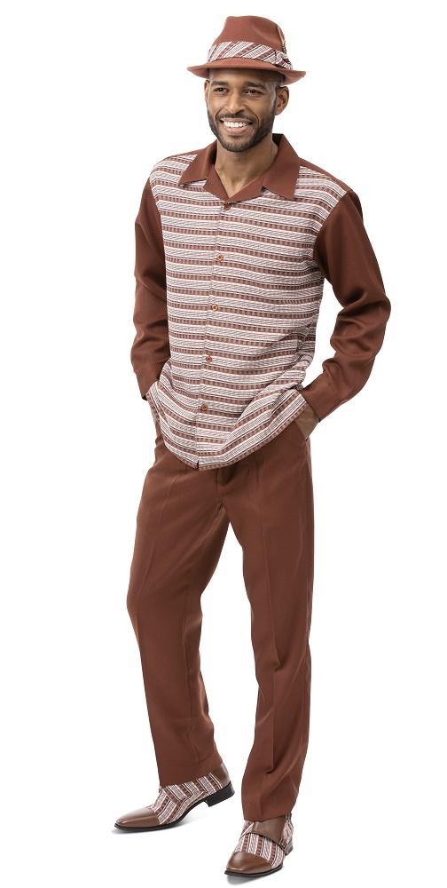Montique Cognac 2 Piece Long Sleeve Vertical Stripe Walking Suit 2112 - Suits & More