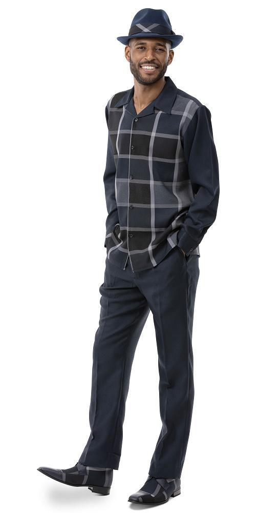 Montique Navy Long Sleeve Checkered Pattern 2 Piece Walking Suit 2126 - Suits & More