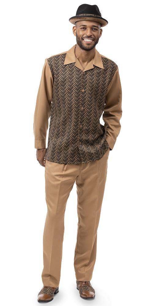 Montique Khaki 2 Piece Chevron Pattern Long Sleeve Walking Suit 2177 - Suits & More