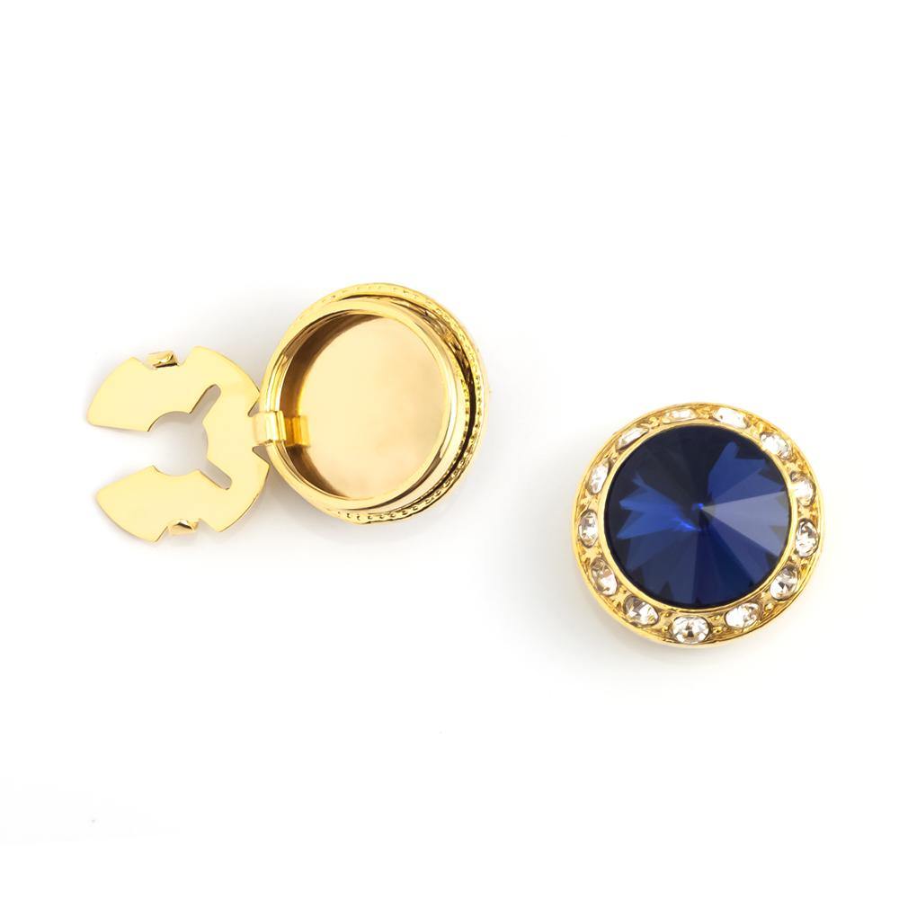 Men's Gold/Indigo Button Cover Cuff-Link With Crystal Stud Centered Surrounded By Crystal Studs - Suits & More