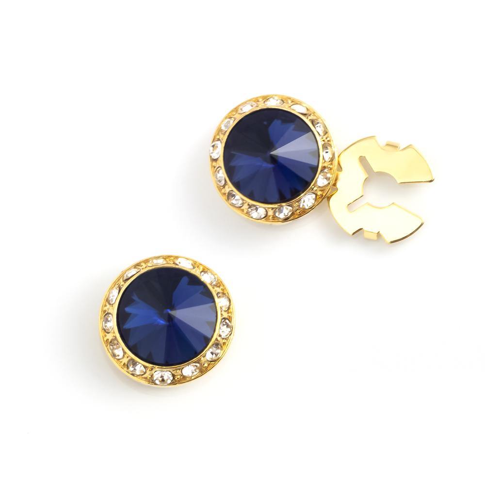 Men's Gold/Indigo Button Cover Cuff-Link With Crystal Stud Centered Surrounded By Crystal Studs - Suits & More