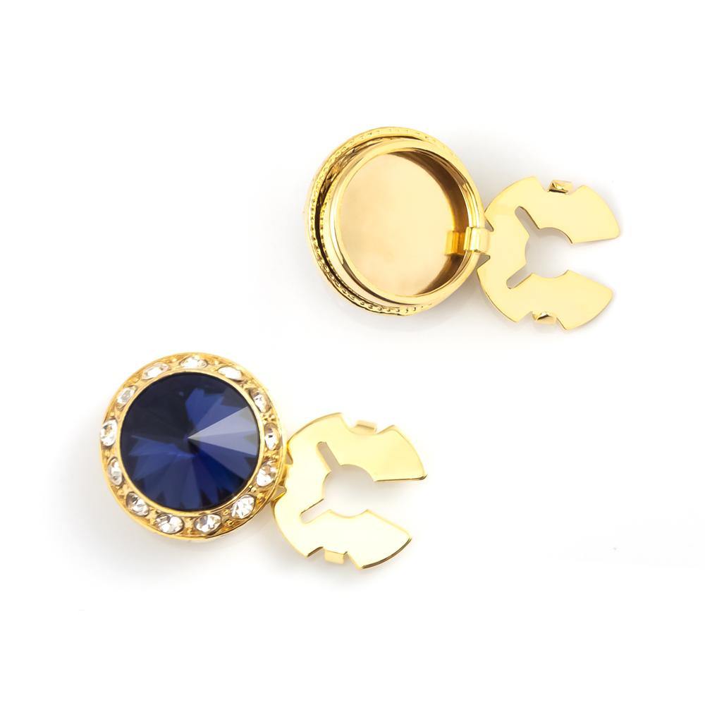 Men's Gold/Indigo Button Cover Cuff-Link With Crystal Stud Centered Surrounded By Crystal Studs - Suits & More
