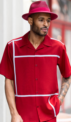 Montique Cranberry Color Block Walking Suit 2 Piece Short Sleeve Set 2202