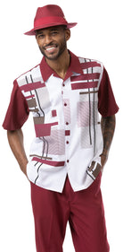 Burgundy Geometric Print Walking Suit 2 Piece Short Sleeve Set 2203