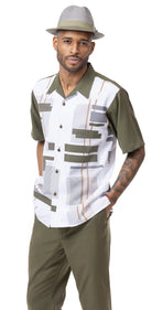 Olive Geometric Print Walking Suit 2 Piece Short