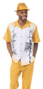 VogueValley Collection: Montique Gold Tropical Print Walking Suit 2 Piece Short Sleeve Set