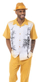 VogueValley Collection: Montique Gold Tropical Print Walking Suit 2 Piece Short Sleeve Set