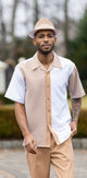 Tan Houndstooth Vertical Color Block Walking Suit 2 Piece Short Sleeve Set 2211