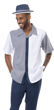 Navy Houndstooth Vertical Color Block Walking Suit 2 Piece Short Sleeve Set 2211