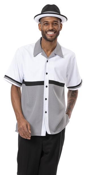 Black Houndstooth Horizontal Color Block Walking Suit 2 Piece Short Sleeve Set 2212 - FINAL SALE M/33