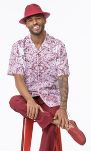 Cranberry & White Paisley Print Walking Suit 2 Piece Short Sleeve Set 2218