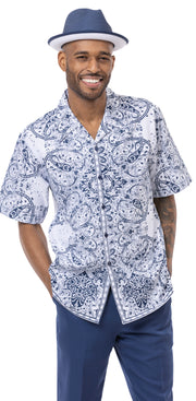 Navy & White Paisley Print Walking Suit 2 Piece Short Sleeve Set 2218