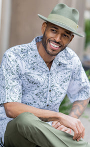 Olive & White Paisley Print Walking Suit 2 Piece Short Sleeve Set 2218