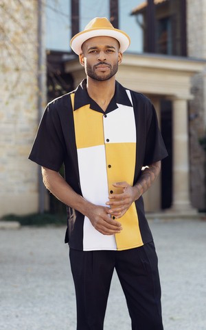 Gold Color Block Walking Suit 2 Piece Short Sleeve Set 2301 - FINAL SALE M/33