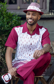 Burgundy Vertical Pattern Walking Suit 2 Piece Short Sleeve Set 2303