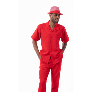 Men's 2 Piece Short Sleeve Walking Suit Tone on Tone Horizontal Stripes in Red - 2305