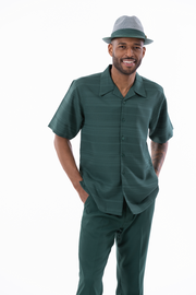 Men's 2 Piece Short Sleeve Walking Suit Tone on Tone Horizontal Stripes in Emerald - 2305