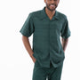Men's 2 Piece Short Sleeve Walking Suit Tone on Tone Horizontal Stripes in Emerald - 2305
