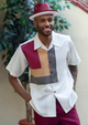 Montique Burgundy Square Pattern Walking Suit 2 Piece Short Sleeve Set 2309