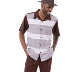 Brown Horizontal Stripes Design 2 Piece Walking Suit 2310