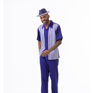 Montique Purple Striped Pattern Walking Suit 2 Piece Short Sleeve Set 2312
