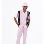 Montique Pink Vertical Stripes Walking Suit 2 Piece Short Sleeve Set 2322