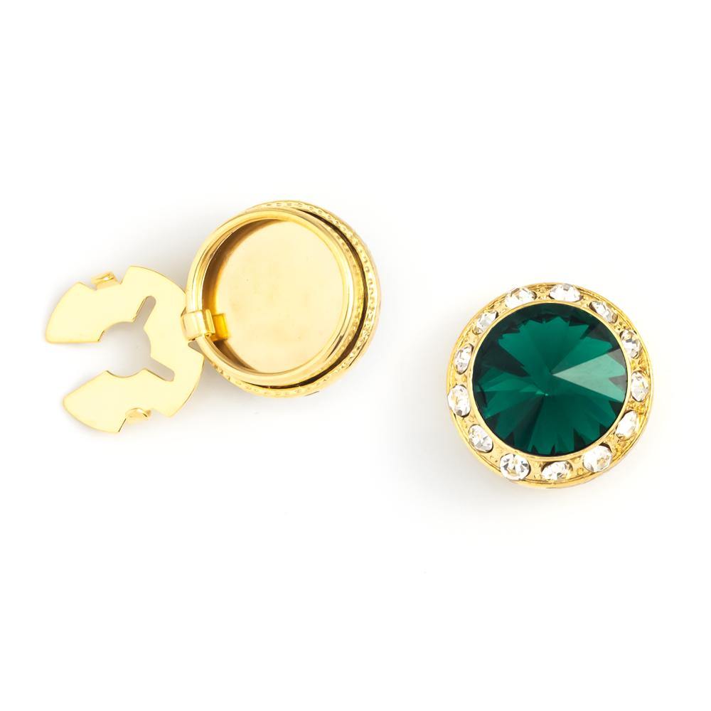 Men's Gold/Green Opal Button Cover Cuff-Link With Crystal Stud Centered Surrounded By Crystal Studs - Suits & More