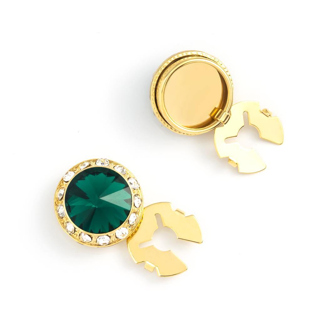 Men's Gold/Green Opal Button Cover Cuff-Link With Crystal Stud Centered Surrounded By Crystal Studs - Suits & More