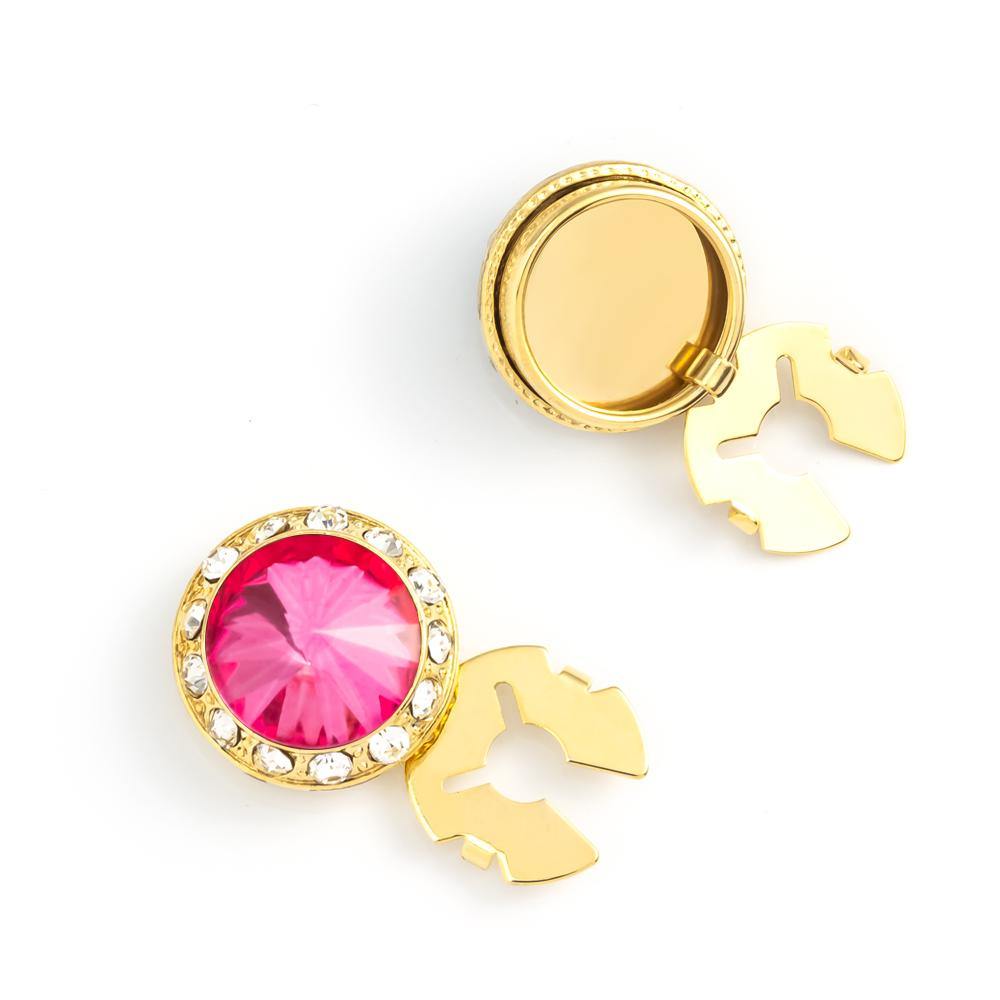 Men's Gold/Rose Button Cover Cuff-Link With Crystal Stud Centered Surrounded By Crystal Studs - Suits & More