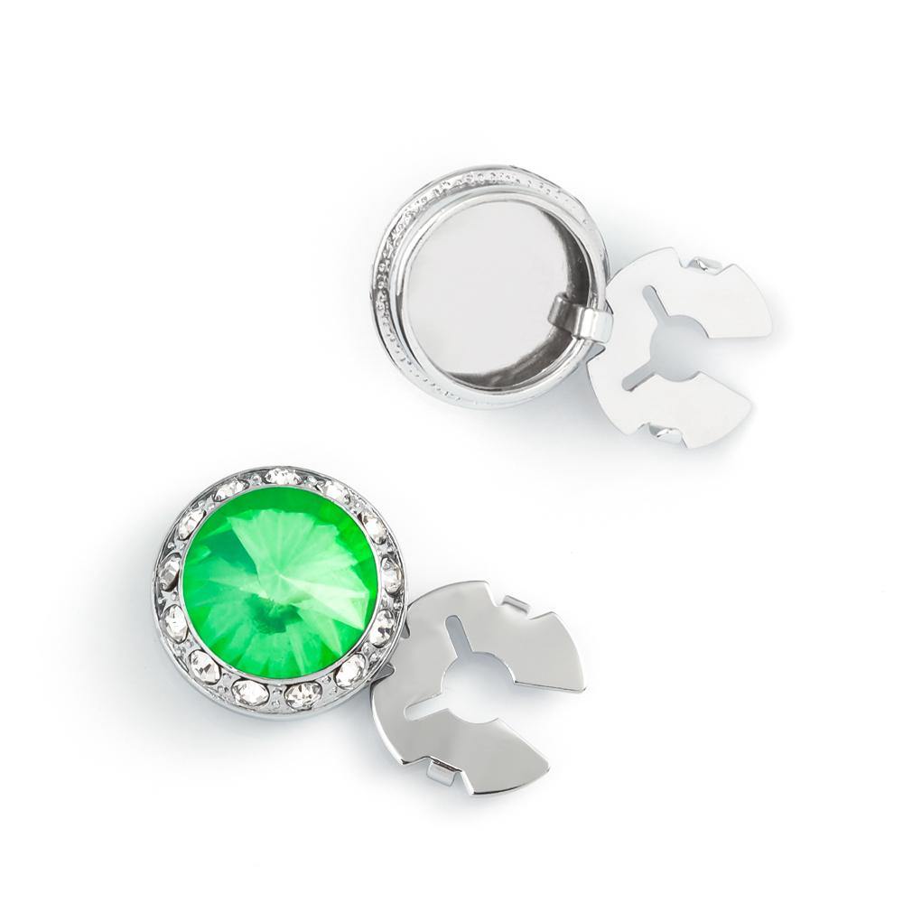Men's Silver/Peridot Button Cover Cuff-Link With Crystal Stud Centered Surrounded By Crystal Studs - Suits & More