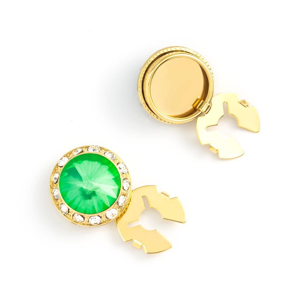 Men's Gold/Peridot Button Cover Cuff-Link With Crystal Stud Centered Surrounded By Crystal Studs - Suits & More