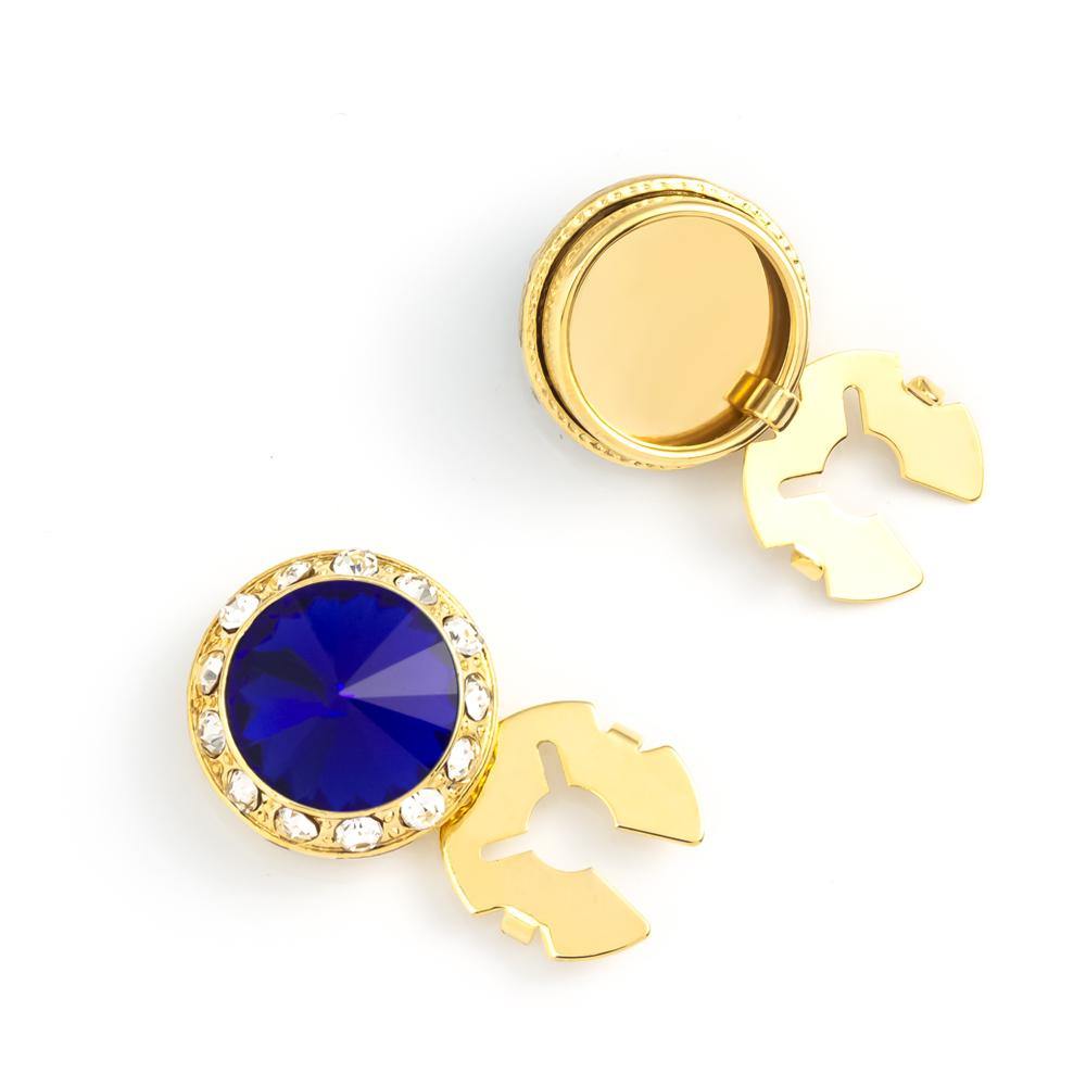 Men's Gold/Capri Blue Button Cover Cuff-Link With Crystal Stud Centered Surrounded By Crystal Studs - Suits & More