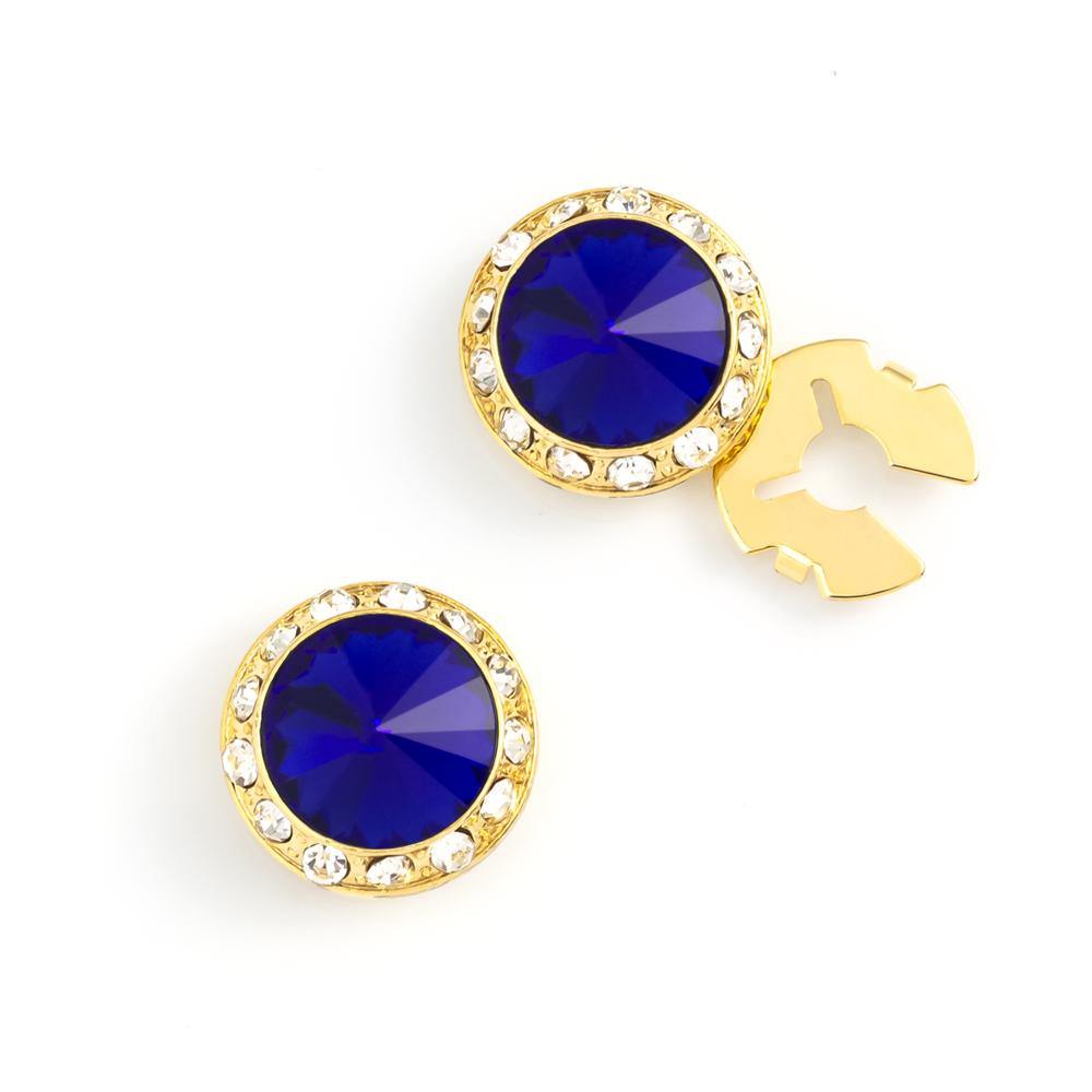 Men's Gold/Capri Blue Button Cover Cuff-Link With Crystal Stud Centered Surrounded By Crystal Studs - Suits & More