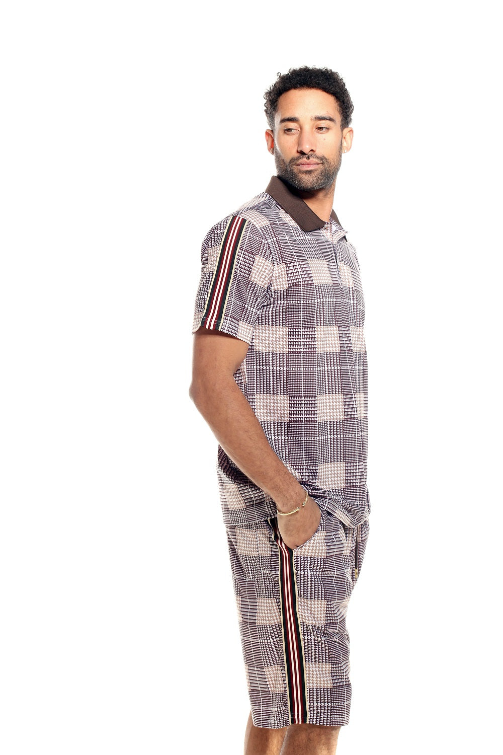 Brown Polo 2 Piece Plaid Shorts Set
