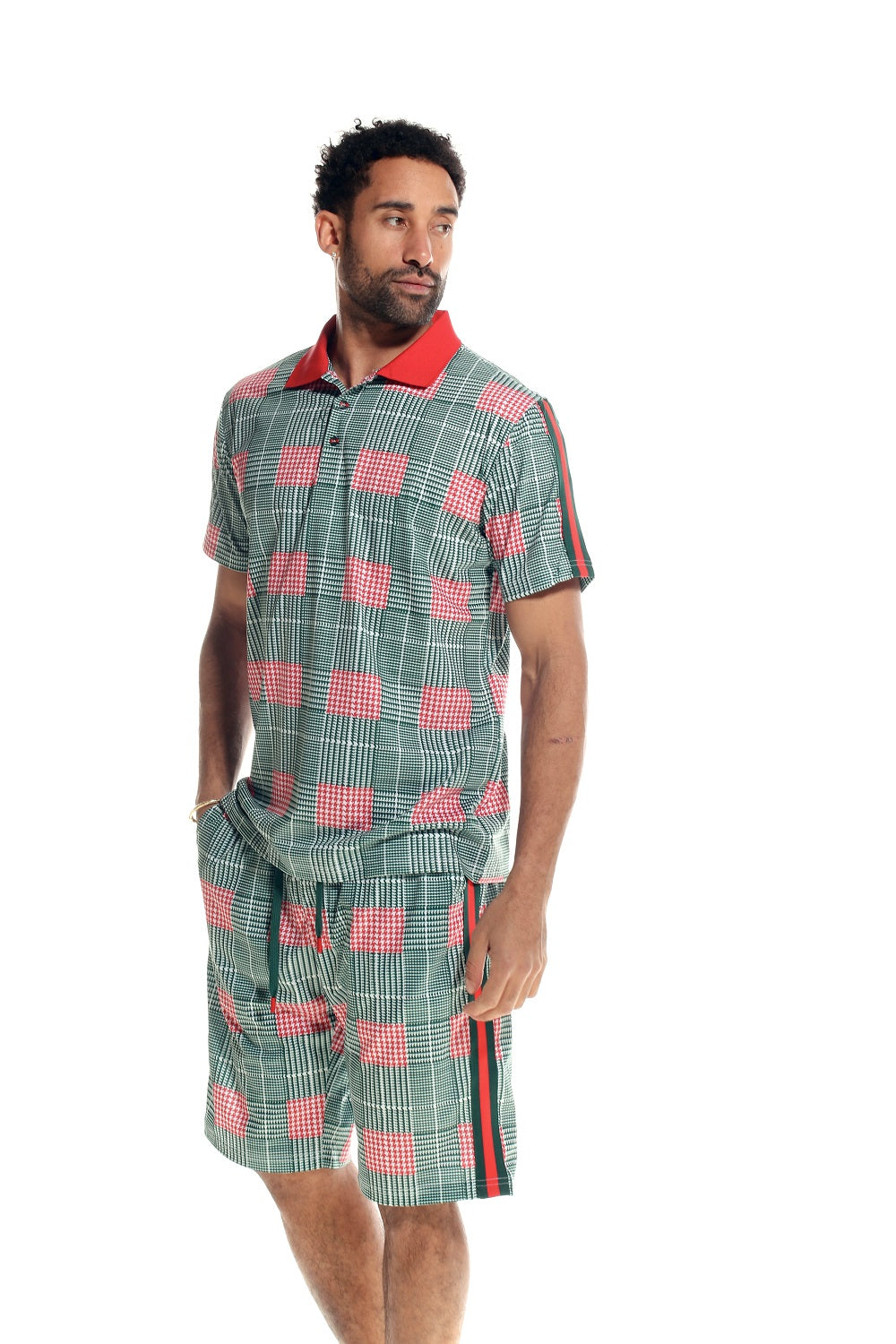 Green with Red Detail Plaid 2 Piece Shorts Set